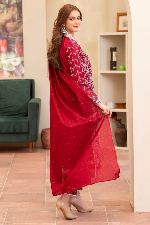 MIRAKHI-3PC LAWN CHIKENKARI EMBROIDERED SHIRT WITH LAWN TUBE SLUB DUPATTA-BIC-