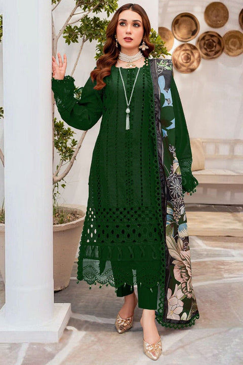 MARIA B-3PC CHIKANKAARI LAWN EMBROIDERED SHIRT WITH MONARK PRINT DUPATTA AND TROUSER-BIC-4054